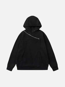 Sudadera con Capucha Negra Extra Grande Unisex, Sudadera con Cierre Asimétrico y Bolsillo para Otoño, Estilo Urbano - Product Image 1