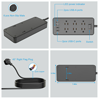 Stop Kontak Ekstensi Premium 1250W Anti Lonjakan Arus, Efisiensi Tinggi, Berperingkat IP20, 6 Lubang Stop Kontak dengan 2 USB-C, Kabel 1.5M untuk Asrama Mahasiswa