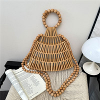 Sac fourre-tout et bandoulière de luxe en bambou tressé à la main pour femme, style forêt, ajouré, orné de perles et de perles en bois, en polyester, collection 2026, best-seller