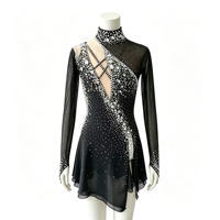 Robe de patinage artistique noire avec strass argentés et maille à manches longues pour enfants et adultes – Tenue de performance pour compétition sur glace