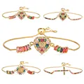 SOJI Wholesale mixed color zircon hand jewelry heart bracelet 18K gold plated heart shaped cross adjustable bracelet for women