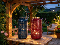 Ensemble de 2 lanternes en métal perforé, lanterne décorative cylindrique dégradée bleu foncé et rouge vin pour la décoration intérieure et extérieure