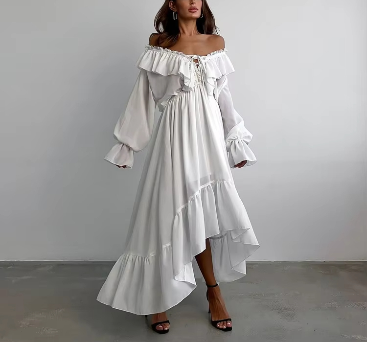 long sleeve off the shoulder summer dresses Flowy Long Puff Sleeve Off Shoulder Mini Dress
