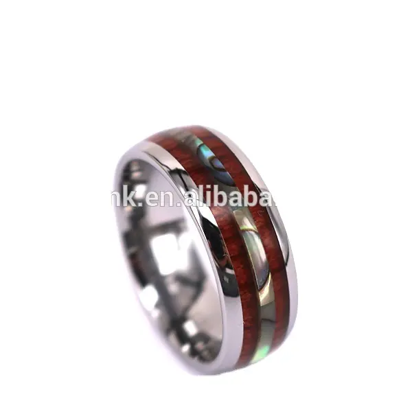Genuine Koa Wood Abalone Tungsten Two Tone Wedding Ring Central Abalone 8mm