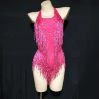 Novance yaz 2022 kadın kıyafetleri seksi Sparkly pembe püskül Catsuits kadın Spandex Bodysuit seksi gece kulübü sahne kostüm giyim