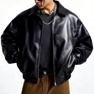 Chaqueta Bomber Negra de PU para Hombre con Logotipo Estampado en la Parte Delantera, Cierre de Cremallera, Cuello Camisero, Ropa de Abrigo para Otoño - Product Image 1