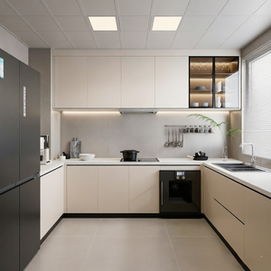 Ensemble de meubles de <span class=keywords><strong>cuisine</strong></span> modulaires haut de gamme contemporains, finition laquée beige, grand rangement intégré, directement de l'usine - Product Image 1