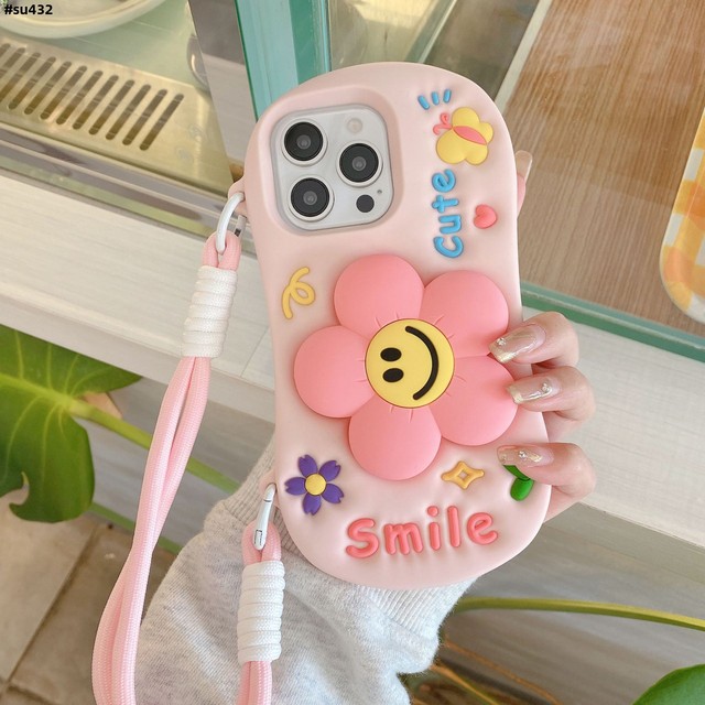 2026 Cute 3D Flower Stand Silicone Phone Case with Wristband Shockproof Soft Cover for iPhone 17 16 15 Pro Max 14 13 12