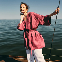Camisa de lino para mujer vacaciones playa amarillo Boho Undone Robe Longue Femme manga larga 100% Lino Kimono batas camisas de lino para mujer
