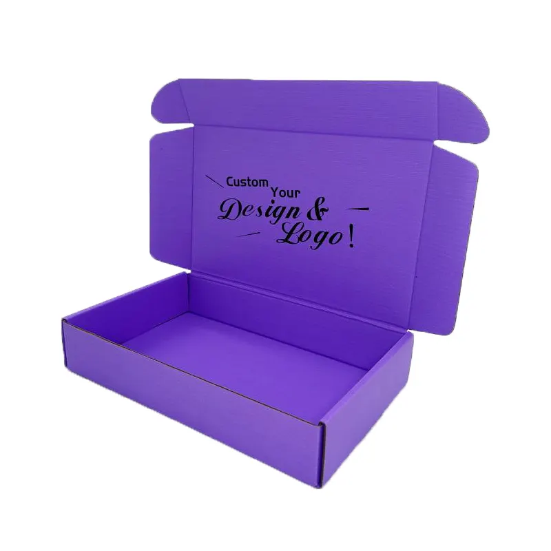 Diseño de embalaje personalizado impreso púrpura único corrugado cajas de envío logotipo personalizado caja de correo de cartón