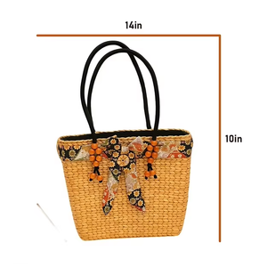 Bohemian Straw Tote <b>Bag</b> With Floral Bow And Beads Summer <b>Beach</b> Style Open Closure Women's Handbag - Product Image 5