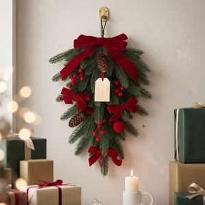 Christmas pine needle <b>wreath</b> hanging <b>wreath</b> velvet bow pine cone berry door decoration Christmas ornament - Product Image 2