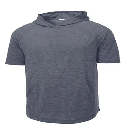 Mens custom dark heather grey poly/cotton/rayon moisture-wicking performance short raglan sleeves front pouch pocket hoodie