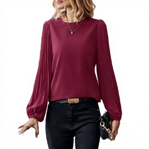 Blusa de Gasa Borgoña para Mujer con Mangas Abullonadas, Cuello Redondo, Corte Holgado, Estilo Casual, Manga Larga, Color Sólido, Diseño Plisado - Product Image 2