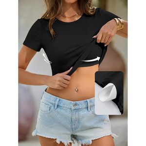 Womens Short Sleeve Ribbed Knit <b>Crop</b> <b>Top</b> Built In Bra Slim Fitted Crewneck Summer Casual Basic Tee Clothes - Product Image 2