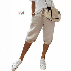 Pantalon décontracté <span class=keywords><strong>femme</strong></span> 2026 en coton et <span class=keywords><strong>lin</strong></span> avec poches, taille mi-haute élastique, coupe bootcut ample - Product Image 4