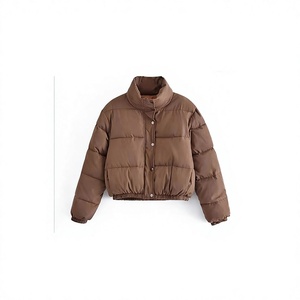 Chaqueta Acolchada Marrón con Cuello Alto, Cierre de Botones, Cortavientos, Abrigo de Invierno Unisex, Estilo Casual, Relleno Grueso de Poliéster - Product Image 1