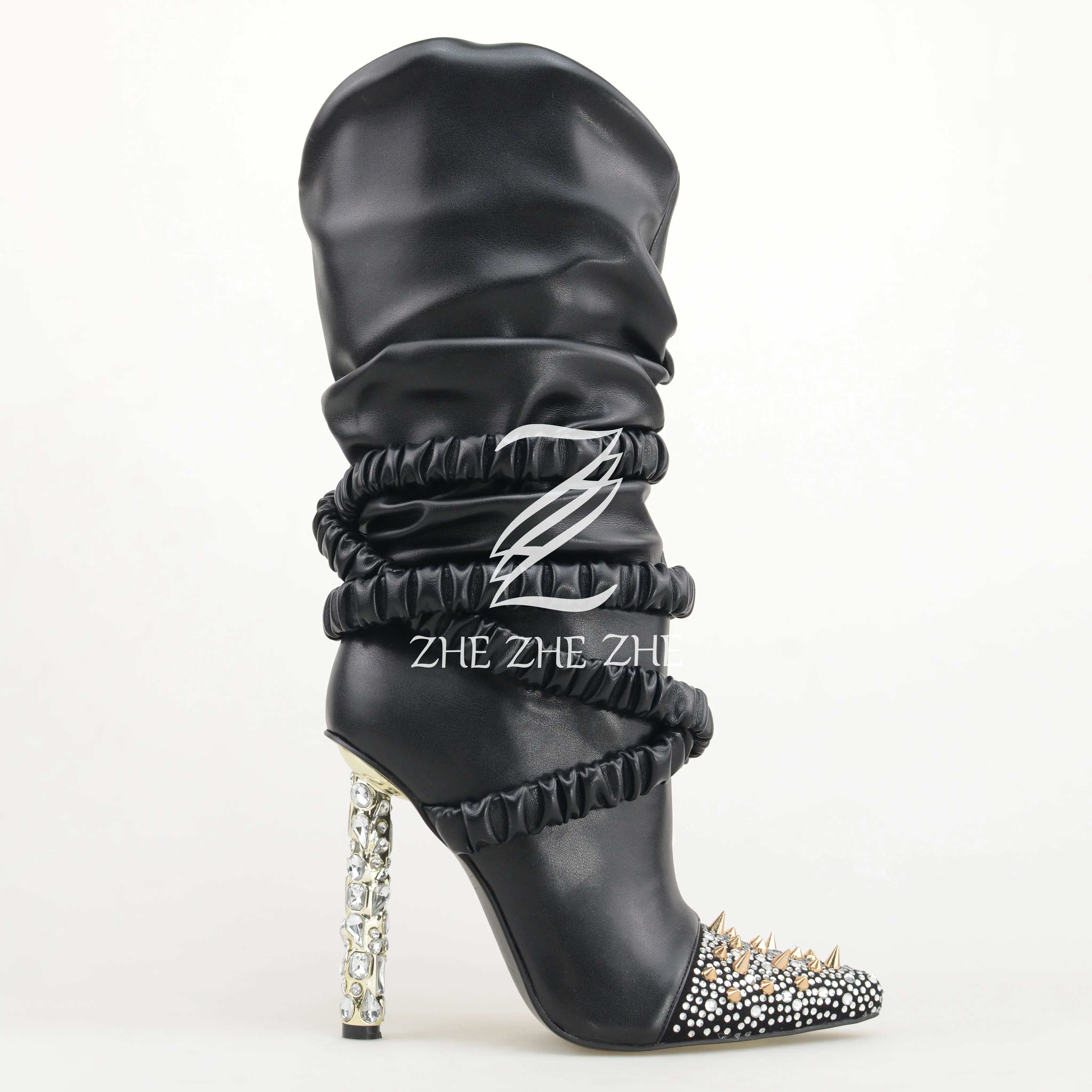 Wholesale custom women's shoes high-grade rhinestone jewelry black PU high heel rivets pointed ladies ankle boots