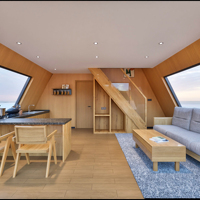 Unité de villégiature modulaire de luxe, maison à ossature triangulaire, structure en acier léger, design moderne, résistante aux tremblements de terre et au vent