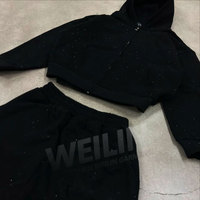 Fabricants de survêtements de haute qualité Sweat à capuche zippé brodé noir surdimensionné et survêtement Ensemble deux pièces Survêtements en strass