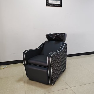 Sillón de Peluquería Contemporáneo de Cuero PU Negro con Lavabo de Cerámica y Reposapiés Plegable, Muebles de Salón - Product Image 2