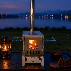 Poêle de tente portable à bois en gros avec cheminée, porte en verre métallique brossé, grilles pliantes, équipement de cuisson pour le camping - Product Image 5