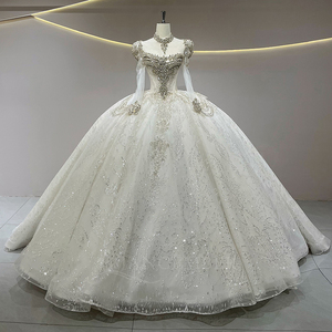 Robe de mariée Jancember JFH52 luxueuse à col bateau, ornée de paillettes et de perles, avec manches - Product Image 1