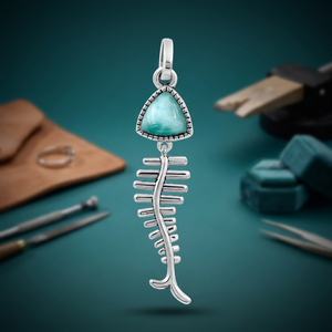 Gourik – pendentif en argent 925 avec pierre précieuse Larimar en forme d'arête de poisson, pour femmes, style bohème, à porter au quotidien, cadeaux d'anniversaire, bijoux - Product Image 3
