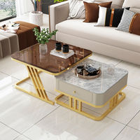Table basse carrée de luxe léger avec plateau en pierre frittée ou verre trempé en option et meuble de rangement intégré – Table à thé combinée