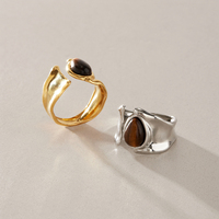 J&D 18K Gold Edelstahl Tigerauge Tropfenförmiger Strukturierter Breiter Ring Vintage Boho Verstellbarer Offener Damen Modeschmuck