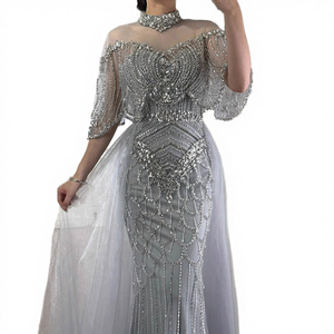 Robes de soirée de luxe en cristal de sirène gris avec cape à col haut, robe de soirée formelle de Dubaï pour femmes - Product Image 3