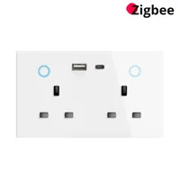 Prise murale intelligente industrielle ABS 147 mm Zigbee norme britannique USB+C PD20W 16A à charge rapide avec 2 prises et fonction de mesure de puissance