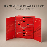 Boîte cadeau rigide rouge personnalisée à plusieurs tiroirs avec portes latérales et détails dorés pour bijoux, cosmétiques, bougies – Vente en gros OEM