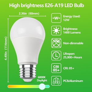 <span class=keywords><strong>Ampoule</strong></span> <span class=keywords><strong>LED</strong></span> A19 12W équivalent 100W, lumière du jour 6500K, 1400LM, E26, non dimmable, givrée, pour intérieur, lot de 4 - Product Image 2