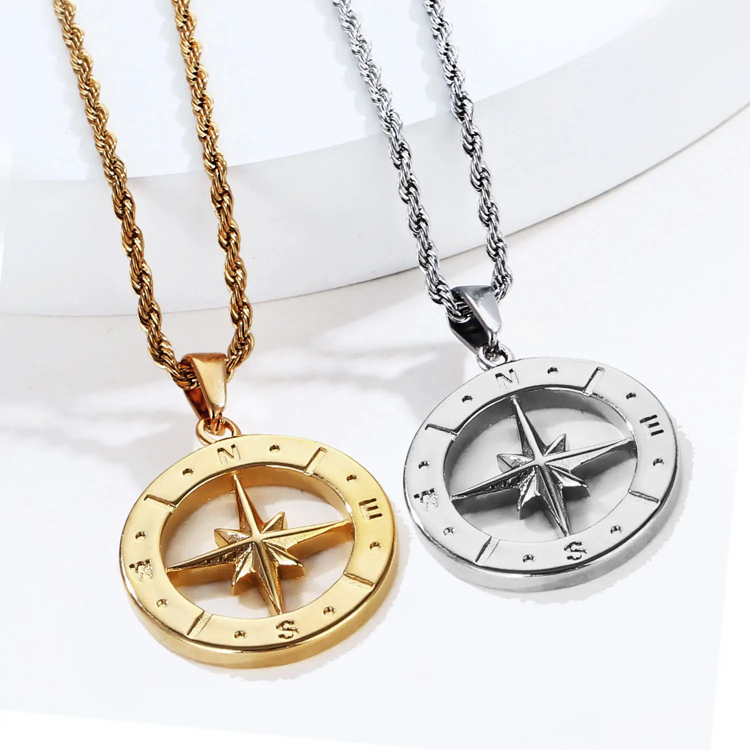 trendy custom logo compass coin stainless steel jewellery 18k gold plated men compass charm pendant necklace travel jewelry