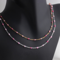 Superbe chaîne trombone 3+1 en or 14K plaqué/argent S925 émaillée rose/fuchsia scintillante pour la création de colliers DIY et de bijoux permanents