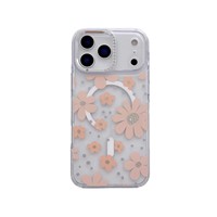 Coque de téléphone dorée à motifs floraux peints pour 18 Pro Max, étui rigide magnétique transparent incrusté de cristaux pour 17 Pro Max 17
