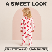 Combinaison pour bébé en fibre de bambou personnalisée avec nœud mignon, imprimé cœur et beignets, fermeture éclair bidirectionnelle, vêtements de nuit pour tout-petits