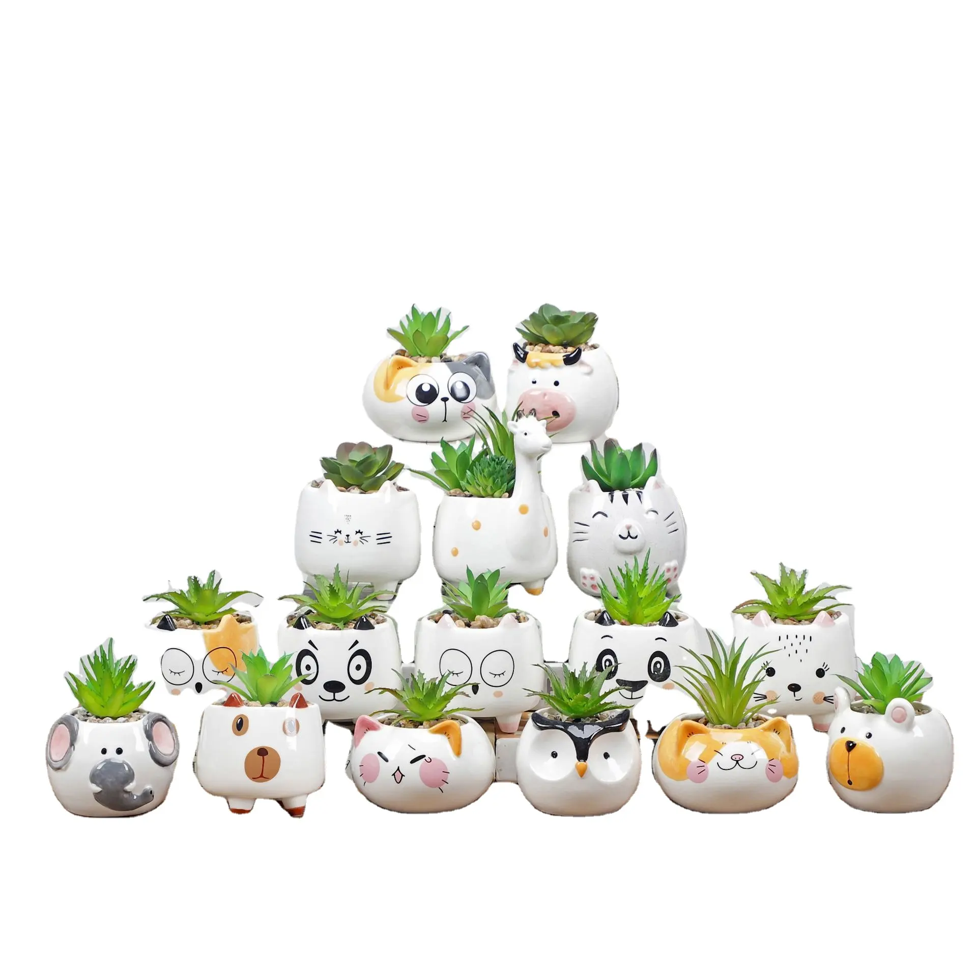 2023 Hot sale Cute Factory tiny Ceramic Flower Pots Cartoon Animal cat bear owl fox Miniature Plants Potted Home Garden Decor