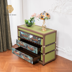 Cassettiera Vintage Stile Baule a 3 Cassetti, Cassettiera Contenitore <span class=keywords><strong>Imbottita</strong></span> con Stampa Tropicale Giungla e Maniglie in Pelle, Mobile Cassettiera - Product Image 3