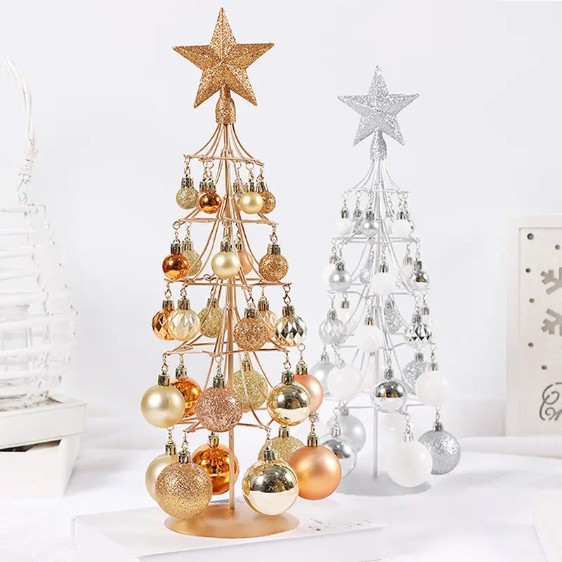 Decoração de mesa de natal para decoração de casa, árvore de natal champanhe de metal dourado de 45 cm com bolas de natal