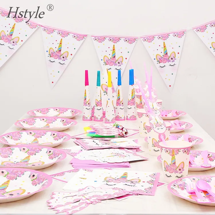 Ensemble de vaisselle et de table licorne, 10 pièces, assiettes en papier jetables, tasses, serviettes, pailles, ballons, banderole, anniversaire, SPT823