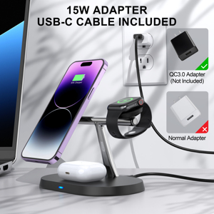 Cargador Inalámbrico 3 en 1 Más Rápido HT-315, Cargador Inalámbrico de Escritorio para Teléfono Móvil, Reloj y Auriculares, Adaptador de 15 W, Cable USB-C Incluido - Product Image 5