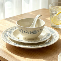 Service de vaisselle en céramique vintage bleu à motif floral, assiettes et bols pour le petit-déjeuner, idéal pour la maison et les restaurants (vente en gros)