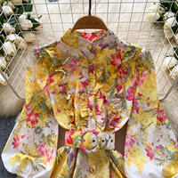 Robe décontractée pour femme à imprimé floral, coupe trapèze, col montant, manches lanternes, ceinturée, élégante, courte, pour les fêtes, le quotidien et les vacances