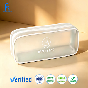 Pochette cosmétique en PVC réutilisable sur mesure, fabriquée en usine OEM, translucide givrée, étanche, avec fermeture éclair, pour voyage, trousse de toilette, sac à pinceaux de maquillage pour femmes - Product Image 1