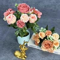 Bouquet de pivoines et roses artificielles à 7 branches, arrangement floral premium d'hibiscus pour la décoration de table de mariage ou de la maison