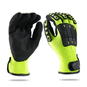 13 Gauged Fluorescent Green Polyester Knitted Sandy Nitrile Palm Coated Strengthen Reinforce Thumb Anti-impact Safety Glove