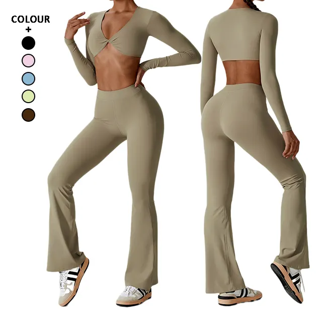 Vendita calda inverno 2 pezzi Set da Yoga da donna a vita alta da palestra vestiti per il Fitness collant da allenamento traspiranti taglie forti pantaloni da yoga leggings flare