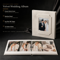 Album photo en velours crème ivoire avec couverture à panneaux rainurés et pages rigides imprimées pour studios de nouveau-nés et de famille